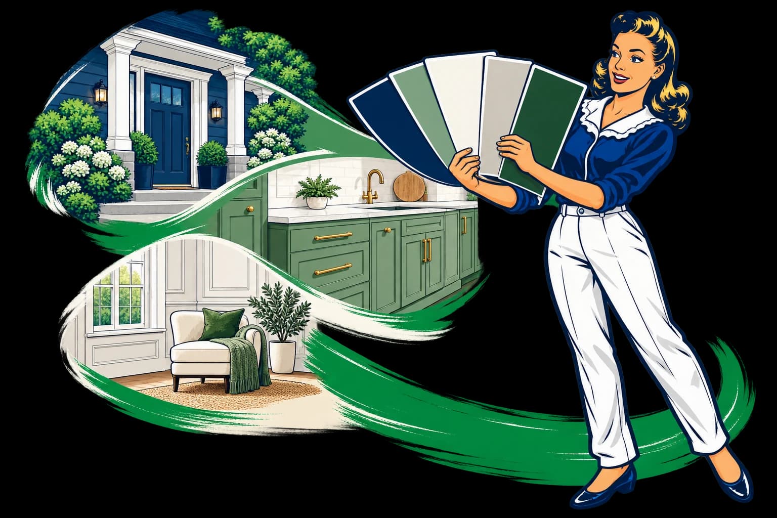 Alice fans out paint samples that unfold into a navy front door, sage cabinet and warm white room.