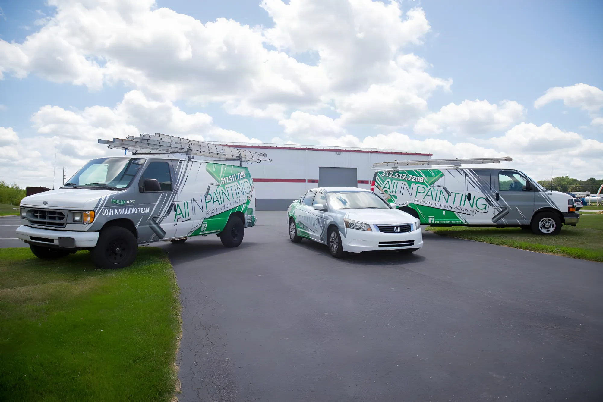 Two ALL IN Painting vans and a company car, one van lettered Join a Winning Team